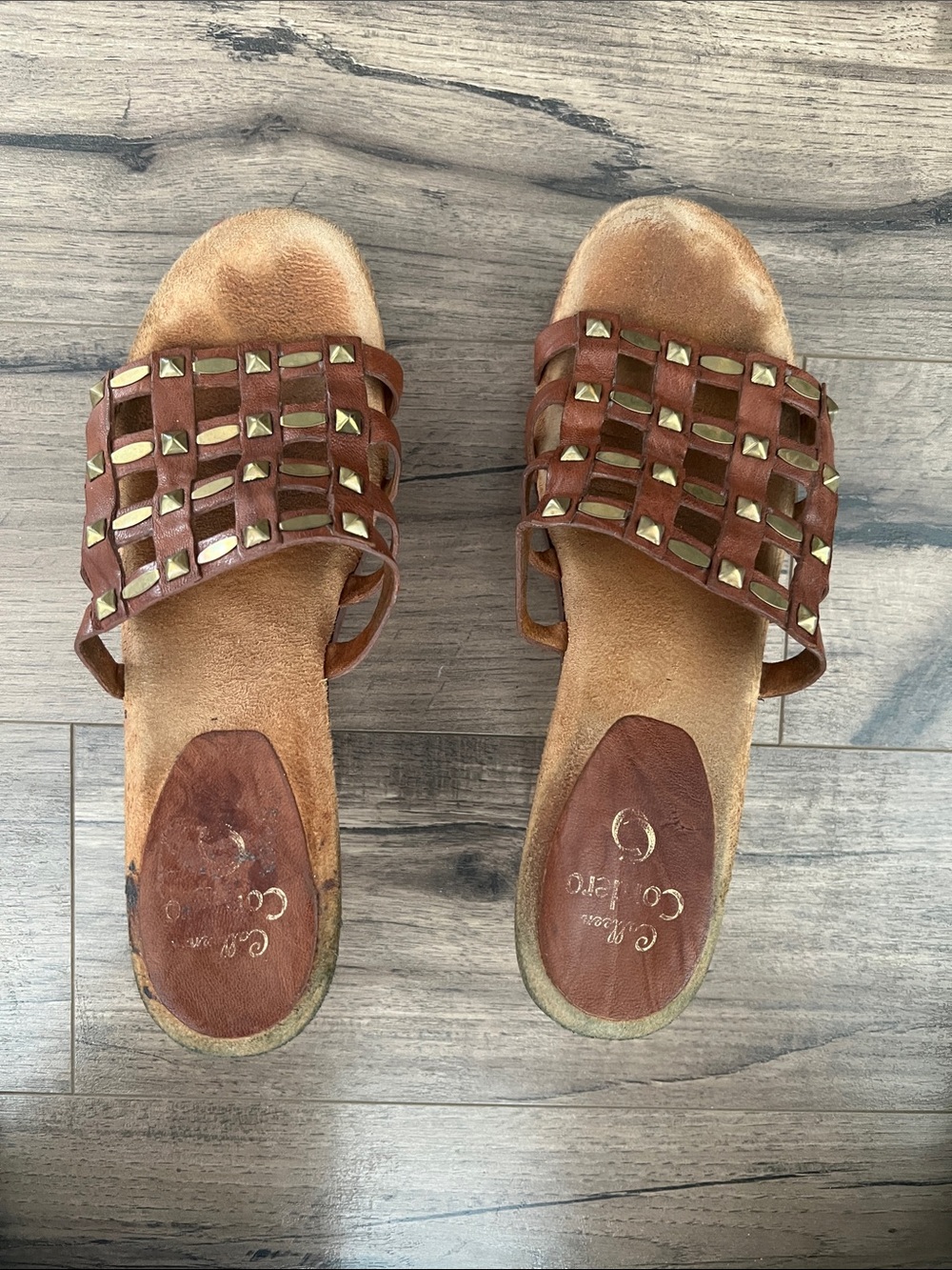 Women's Brown Woven Slide Sandals with Gold Stud Accents